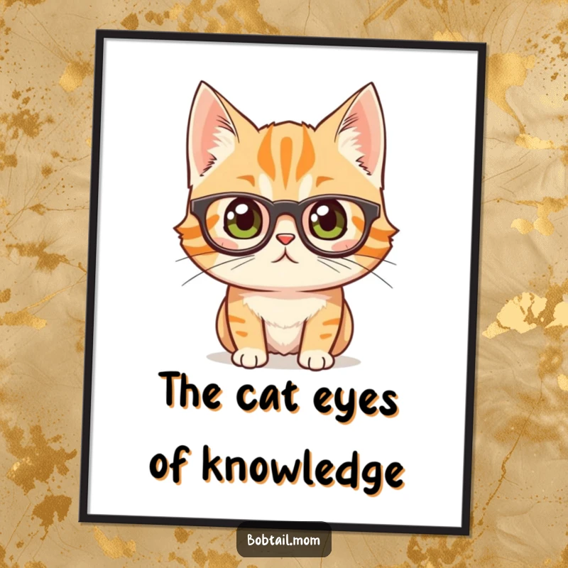 Funny Free Printable Wall Art: A curious bobtail cat sporting oversized glasses, exuding intelligence and charm.