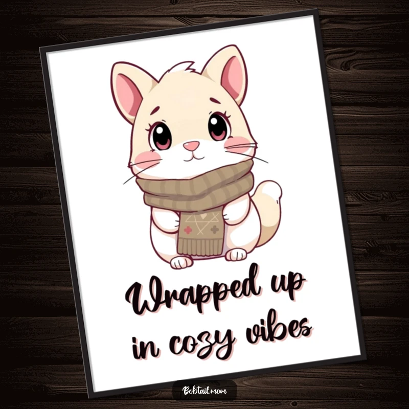 Funny Free Printable Wall Art: A Bobtail cat wearing a snugly knitted scarf looks cozy and attentive, bringing warmth to your walls.