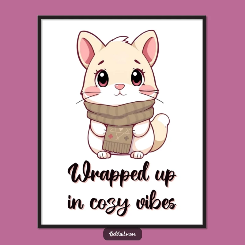 Free Printable Bobtail Wall Art: Cozy Scarf Cat, Cute Downloadable Decor