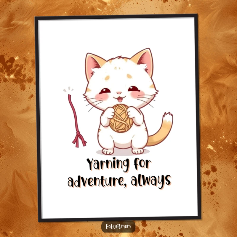 Funny Free Printable Wall Art: A cute Bobtail cat is captured mid-play, batting gleefully at a yarn ball.