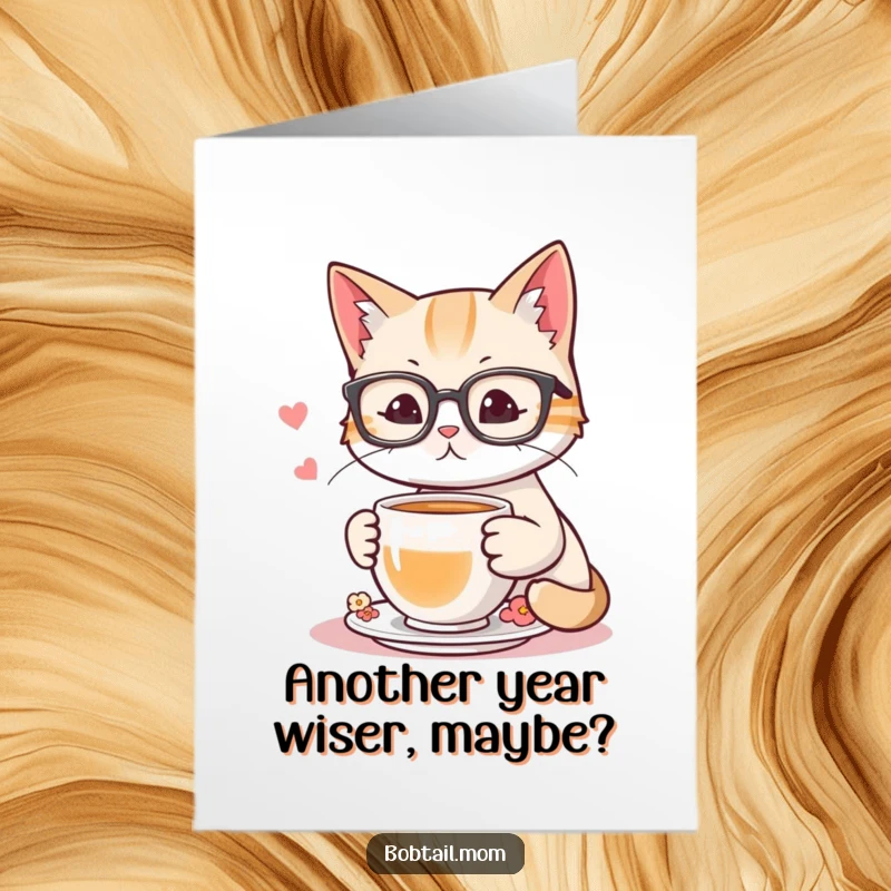 Funny Free Printable birthday card showing a studious bobtail cat wearing reading glasses, calmly sipping a cup of tea.