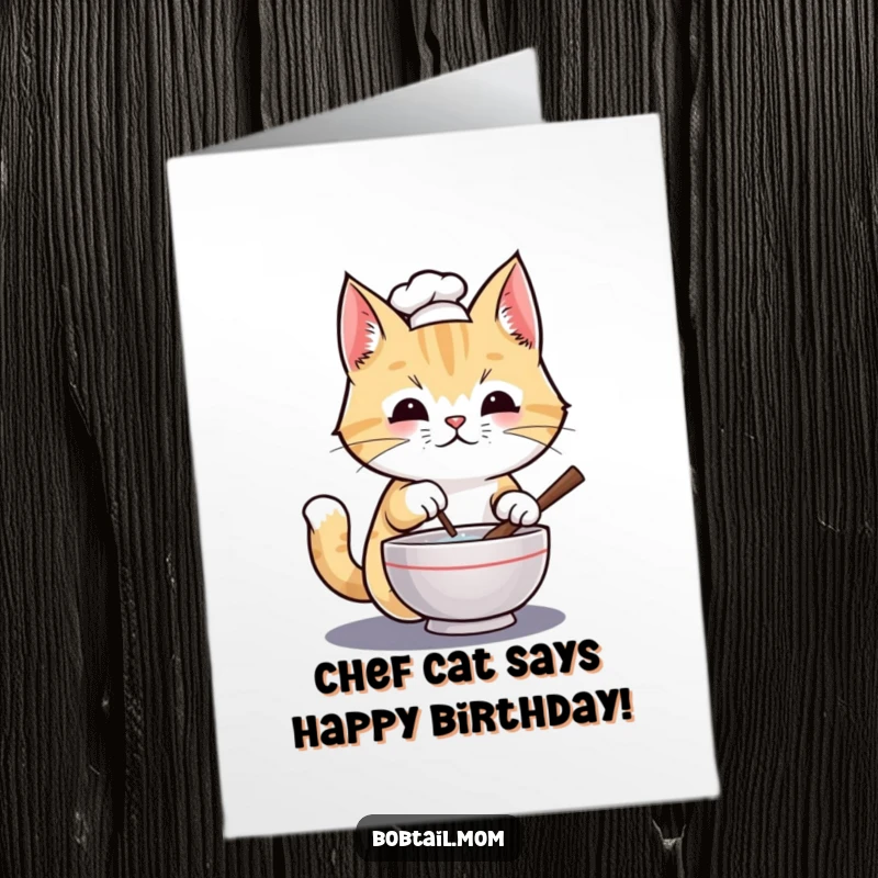 Funny Free Printable Birthday Card: Chef Bobtail cat in tiny hat stirring a tiny bowl, ready to cook up some birthday fun.