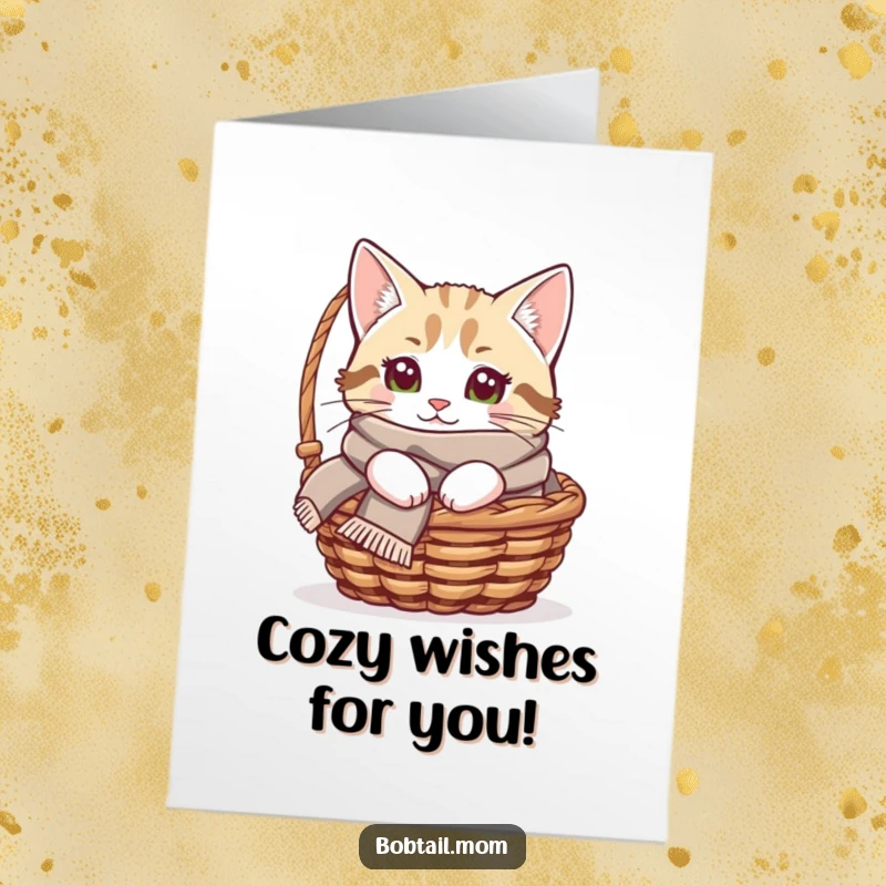 Funny Free Printable Birthday Card: Bobtail cat in a cozy scarf peeking out from a small basket, looking warm and inviting.