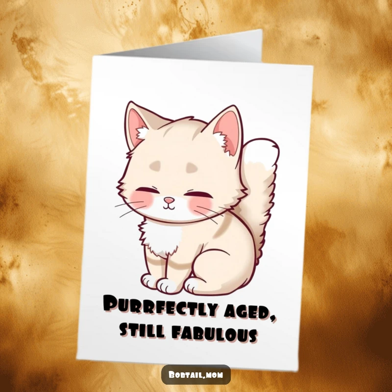 Funny Free Printable Birthday Card: Content Bobtail cat with a fluffy tail, curled up peacefully, sending birthday wishes.