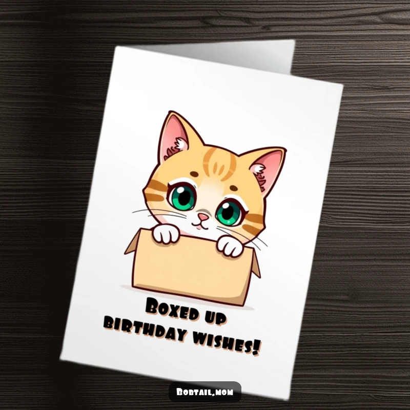 Funny Free Printable Birthday Card: Curious Bobtail cat peeking out of a box, eyes wide with wonder.