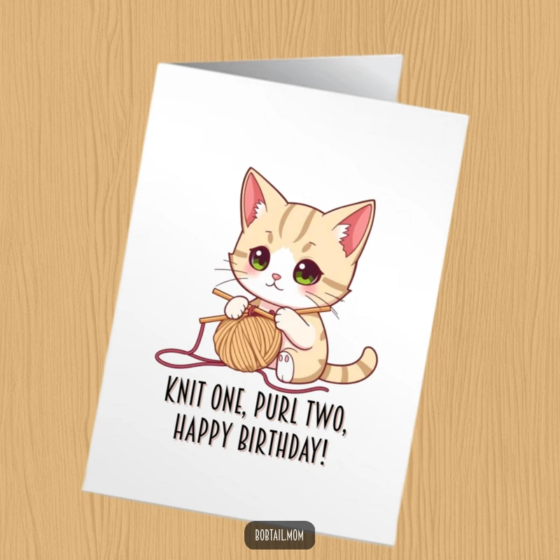 Funny Free Printable Birthday Card: A focused bobtail cat intently knits with yarn and needles, sending birthday wishes.