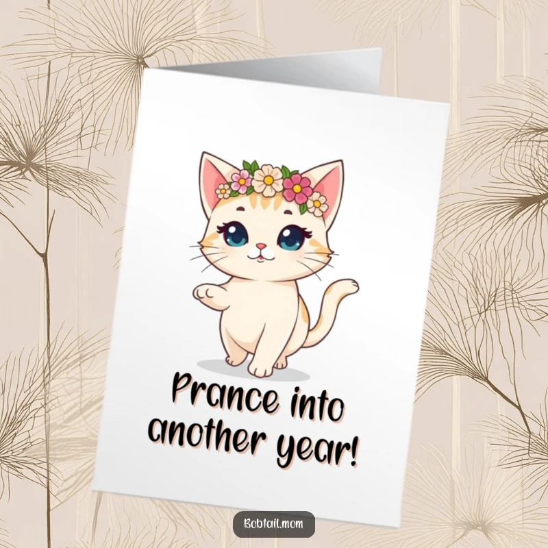 Funny Free Printable birthday card showing a bobtail cat joyfully prancing while wearing a beautiful flower crown.