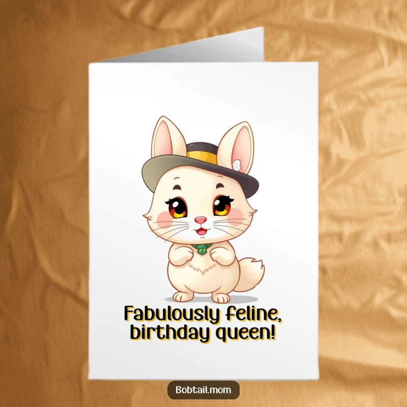 Funny Free Printable Birthday Card: Sassy Bobtail in a fancy hat, striking a hilarious pose, ready to party.