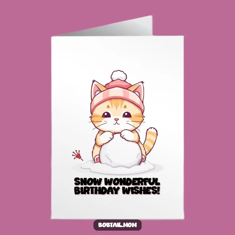 Free Printable Birthday Card: Snowy Bobtail Cat With Hat - Building Snowball - Gift