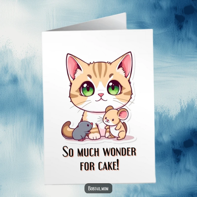 Funny Free Printable Birthday Card: A Bobtail cat with large pupils, eyes wide with wonder at a toy mouse.