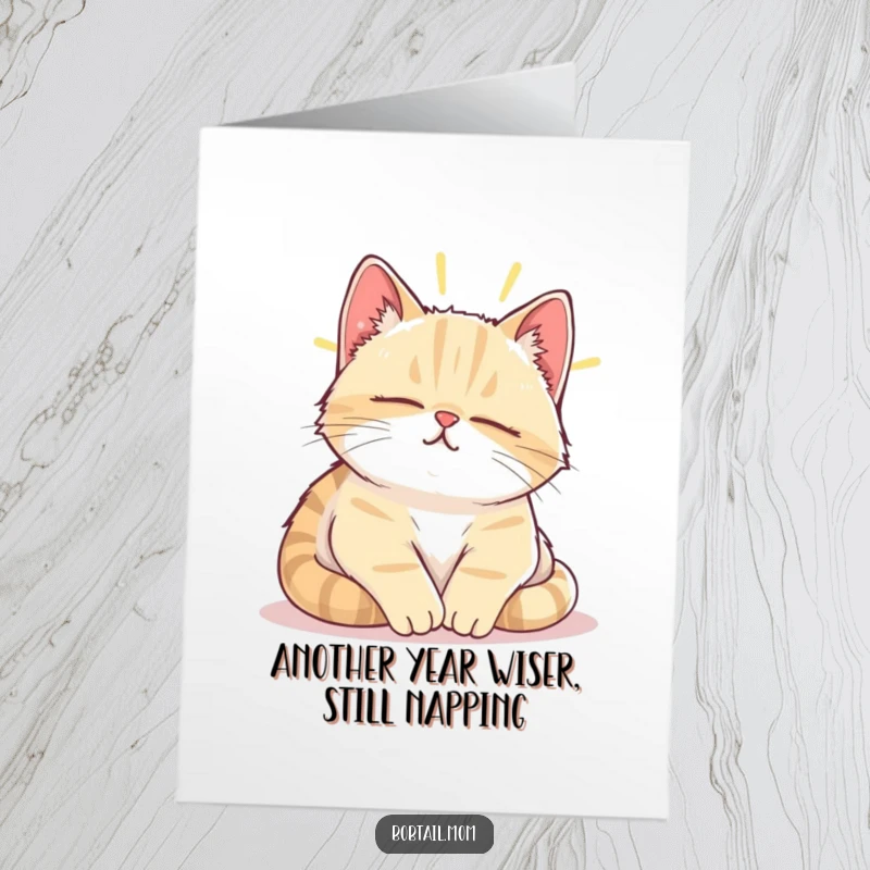 Funny Free Printable Birthday Card: Bobtail cat sighing contentedly while napping in a sunbeam, a peaceful DIY gift.