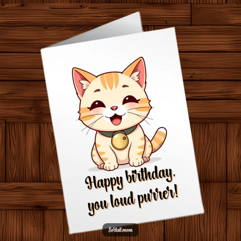 Funny Free Printable Birthday Card: Happy Bobtail cat wearing a bell collar, purring loudly, spreading birthday cheer, a DIY gift.