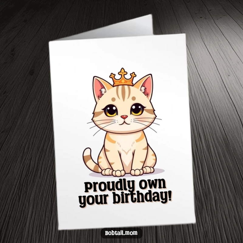 Funny Free Printable Birthday Card: A bobtail cat with a proud expression sits regally, ready to celebrate.