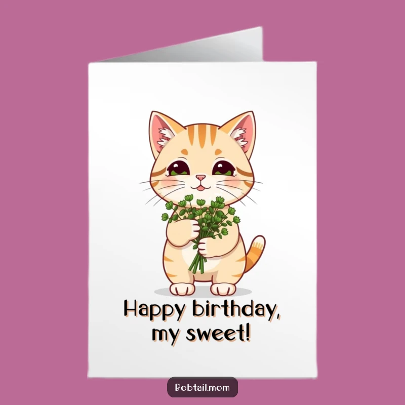 Free Printable Catnip Cat Birthday Card: Adorable Bobtail Funny Downloadable Gift