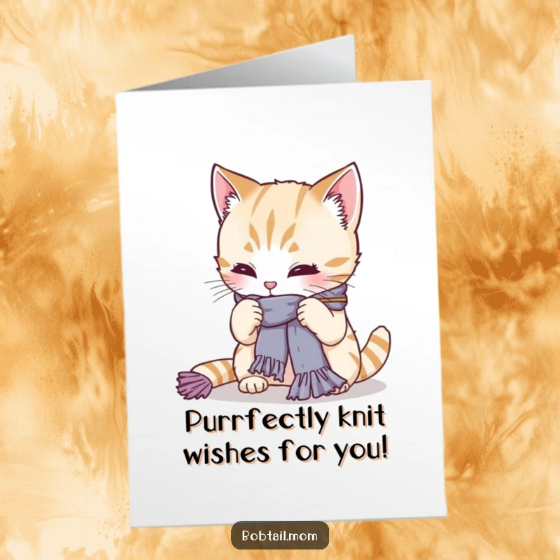 Funny Free Printable birthday card: Bobtail cat concentrating hard while knitting a tiny, imperfect scarf.