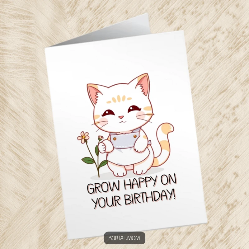 Funny Free Printable birthday card: A Bobtail cat in a cute apron carefully watering a tiny flower.
