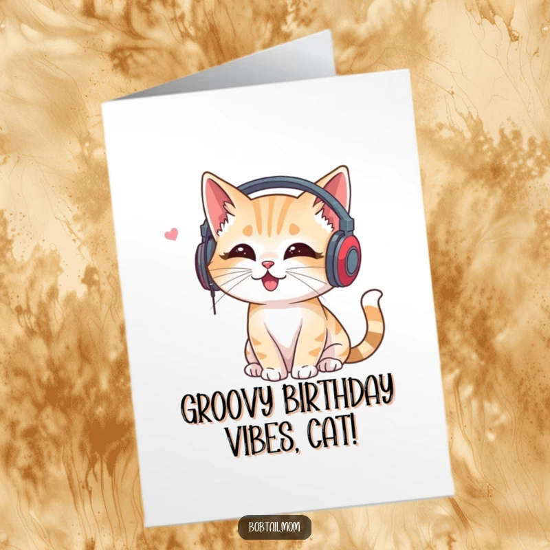 Funny Free Printable Music Cat Birthday Card: Bobtail cat wearing headphones, listening to music with eyes closed joyfully.