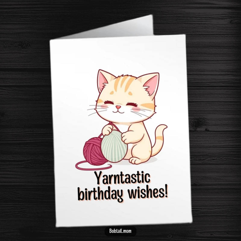 Funny Free Printable Birthday Card: Bobtail cat playfully batting a yarn ball with a mischievous grin.