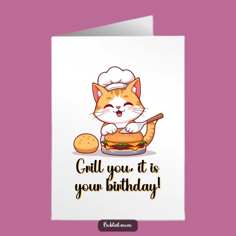 Free Printable Birthday Card: Funny Bobtail Chef Cat Flipping Burger - Downloadable Gift