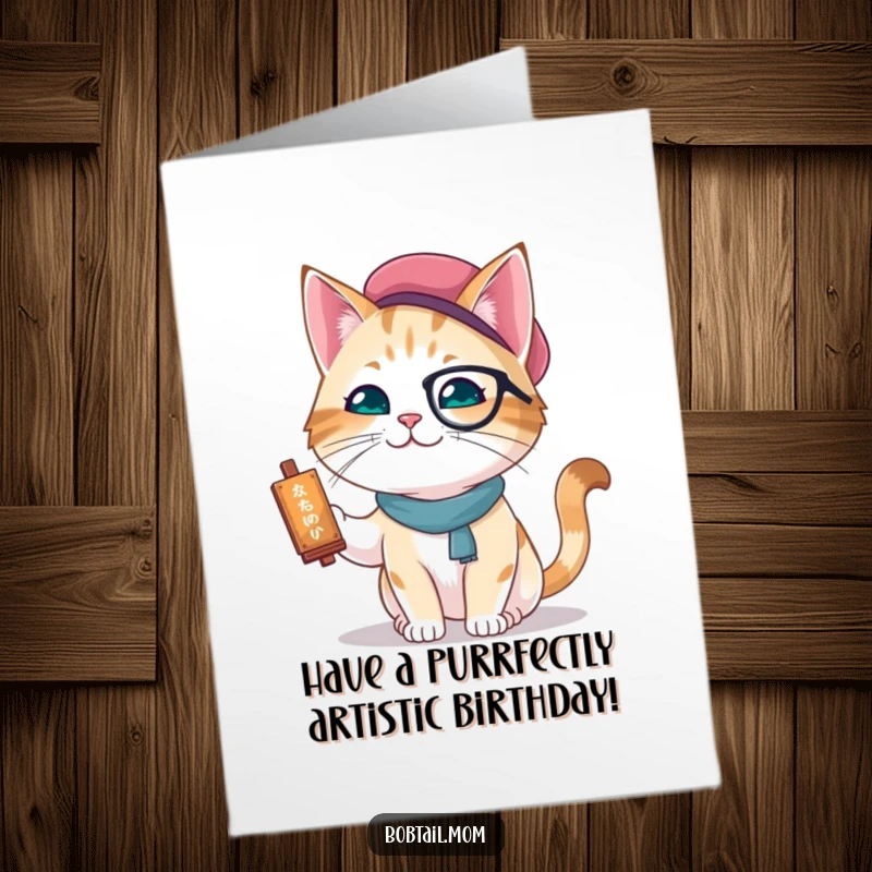 Funny Free Printable Birthday Card: A bobtail cat in a beret happily paints, creating birthday art.