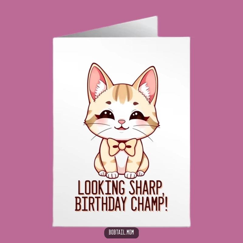 Free Printable Bobtail Cat Birthday Card: Adorable Bowtie Cat Funny Downloadable Gift