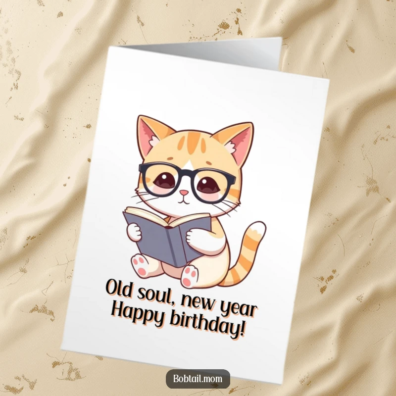 Funny Free Printable Bobtail Cat wearing spectacles, engrossed in reading a book, perfect for a birthday card.