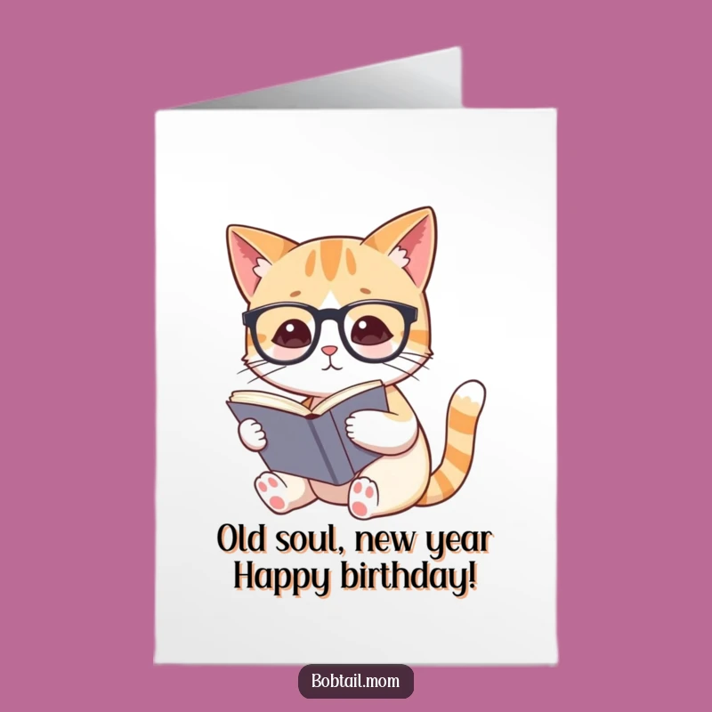 Free Printable Bobtail Cat Reading Glasses Birthday Card - Funny Downloadable Gift