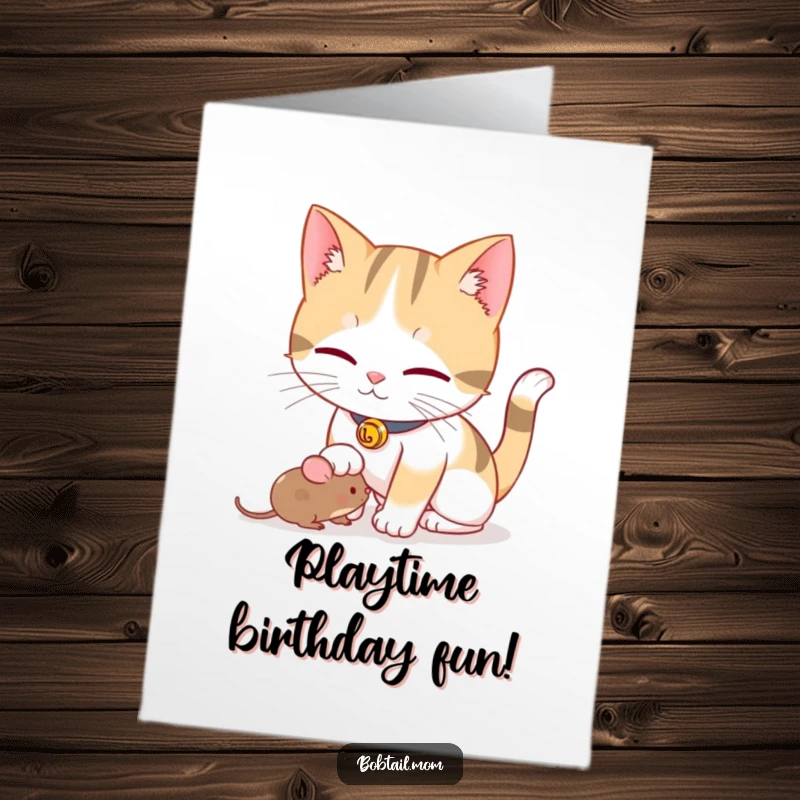 Funny Free Printable Birthday Card: Playful Bobtail cat with bell collar nudging a toy mouse, ready for birthday mischief.
