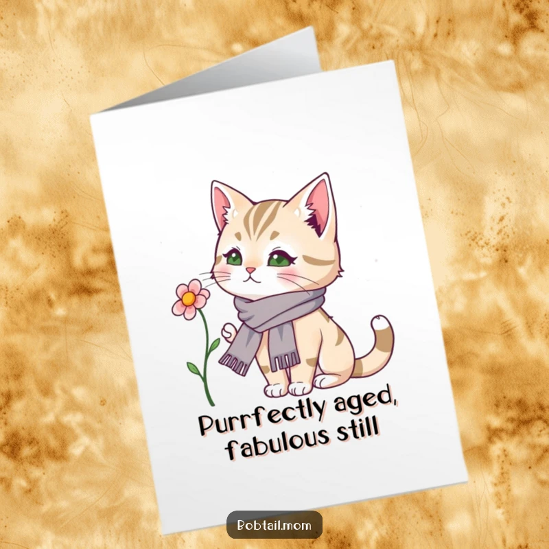Funny free printable birthday card: Bobtail cat in scarf admiring flower, elegant and comical downloadable art.
