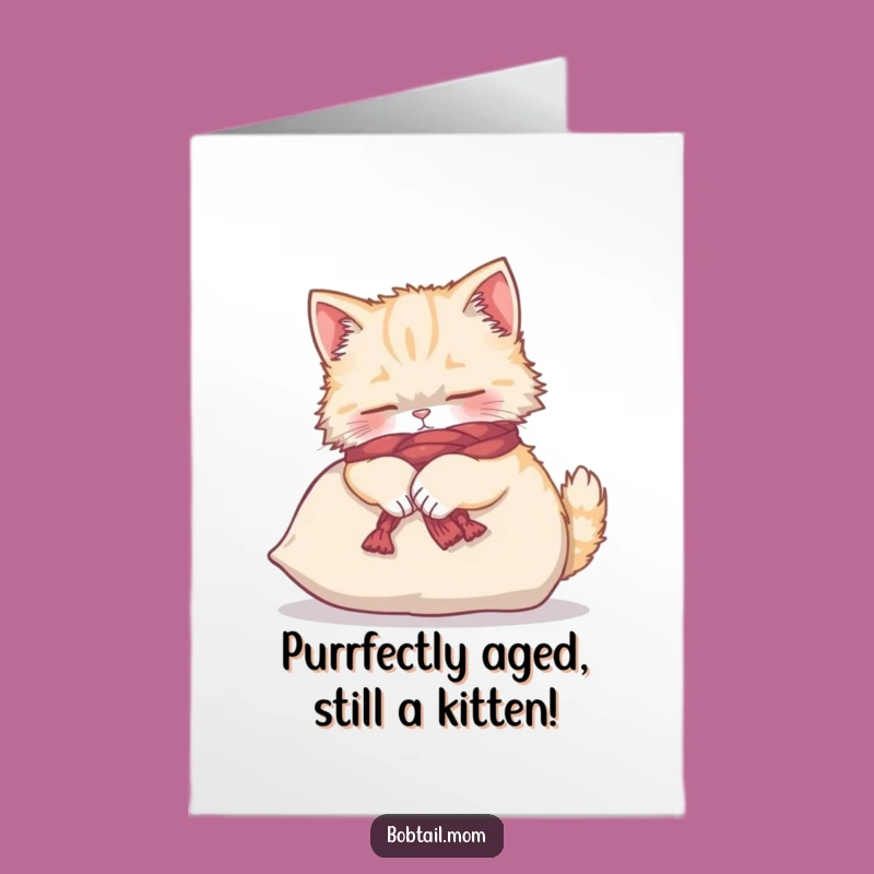 Free Printable Bobtail Cat Birthday Card: Funny Yarn Scarf Cat Kneading Card for Cat Lovers