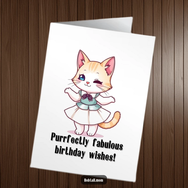 Funny Free Printable Bobtail Cat Birthday Card: Elegant cat in a dress twirling with grace, ready for a celebration.