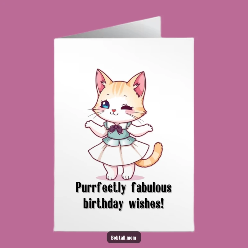 Free Printable Bobtail Cat Birthday Card: Elegant Twirling Feline Funny Downloadable Gift