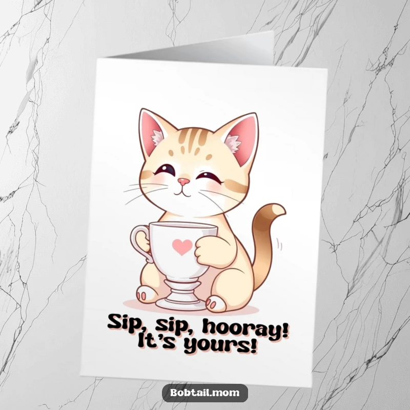 Funny Free Printable Birthday Card: Elegant Bobtail cat holding a miniature teacup, exuding sophistication for a special birthday, downloadable.