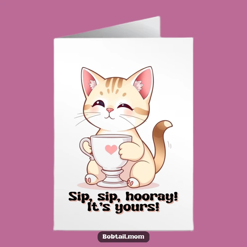 Free Printable Elegant Bobtail Cat Teacup Birthday Card - Funny Downloadable Gift