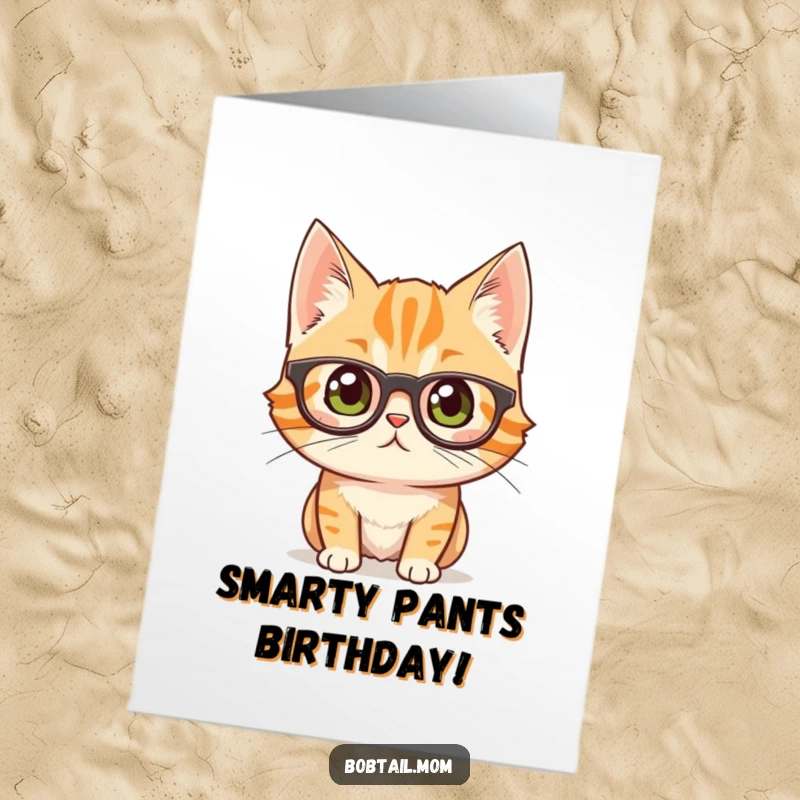 Funny Free Printable Birthday Card: A bobtail cat wearing large glasses, looking curiously at the viewer.