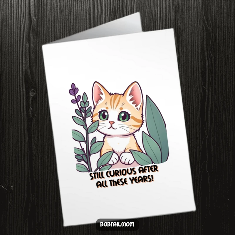 Funny Free Printable Birthday Card: Curious Bobtail cat with wide eyes peeking from behind a plant, a playful DIY gift.