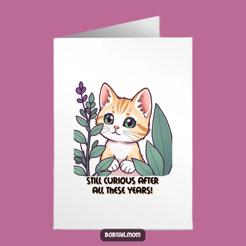 Free Printable Bobtail Cat Birthday Card: Funny Curious Cat Plant Peeking Card