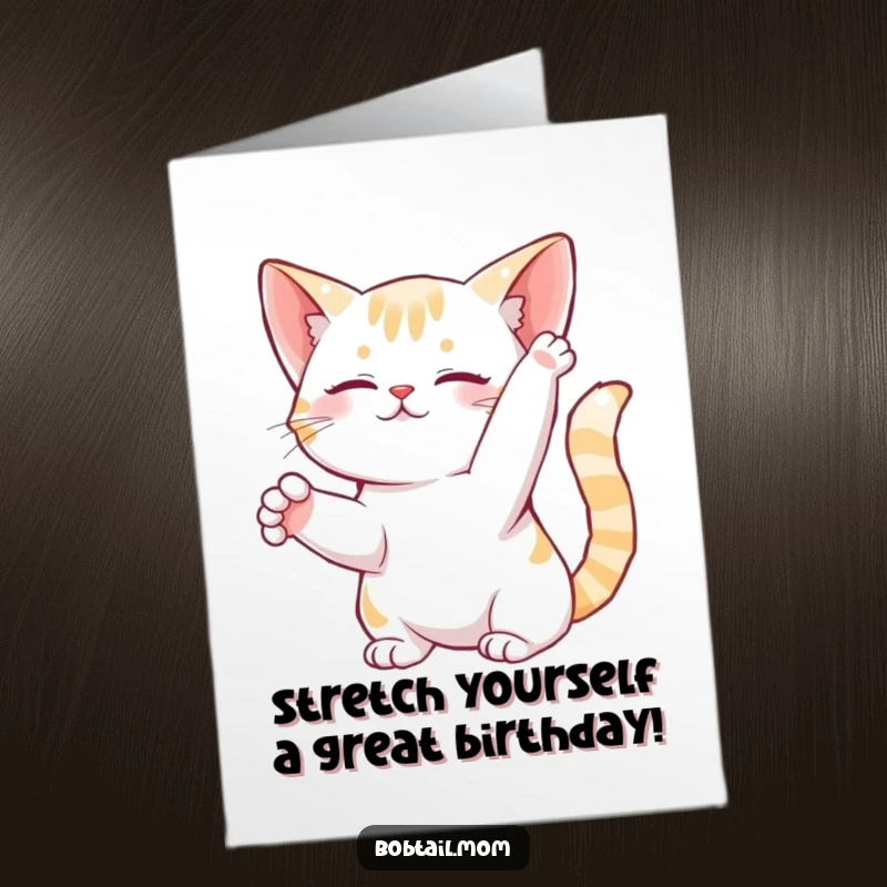 Funny Free Printable Birthday Card: A bobtail cat gracefully stretches its paws, exuding peaceful energy.