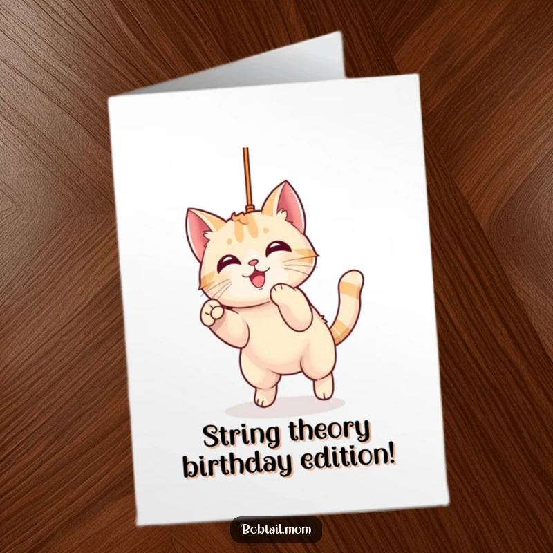 Funny Free Printable Birthday Card: Kawaii Bobtail Cat playfully pouncing on a string, ready for fun.