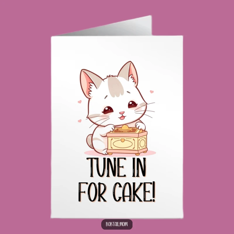 Free Printable Bobtail Birthday Card: Funny Cat Listening to Music Box, Downloadable Gift