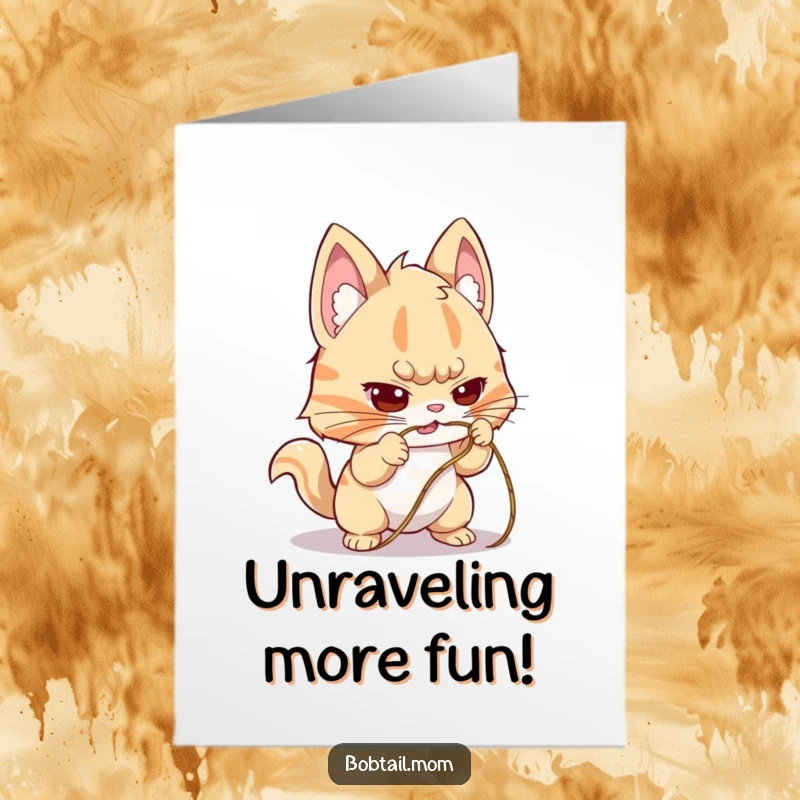 Funny Free Printable Birthday Card: A Bobtail cat with a determined expression struggles to untangle a messy string.