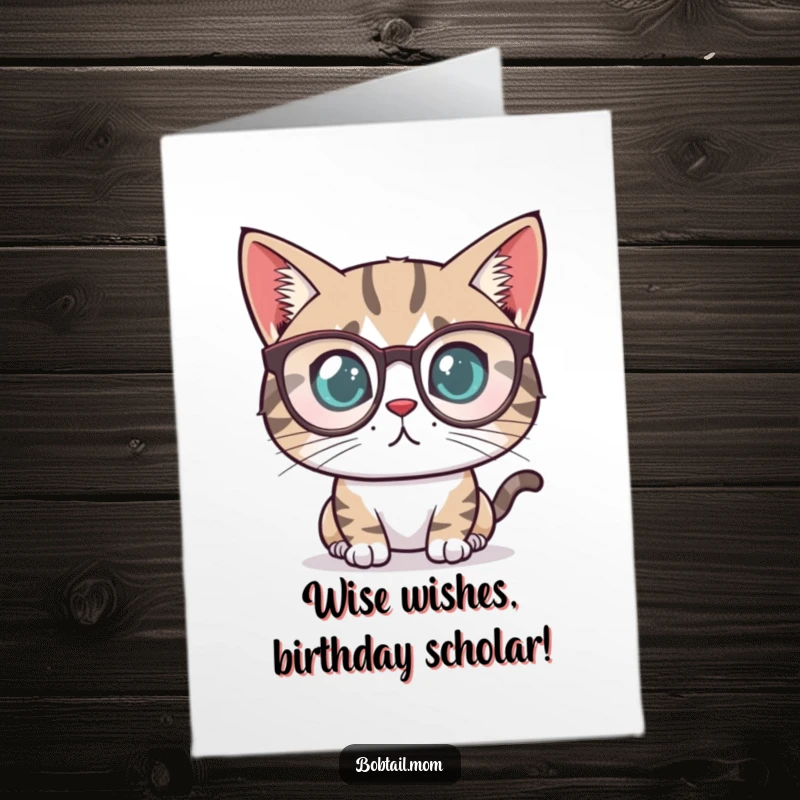 Funny Free Printable Birthday Card: Determined Bobtail cat in reading glasses, ready to study birthday wishes.