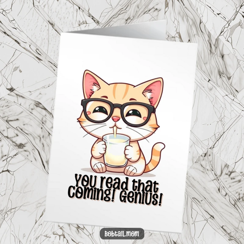 Funny Free Printable Congratulations Card: A Bobtail cat wearing reading glasses sips milk, celebrating your wise decision.