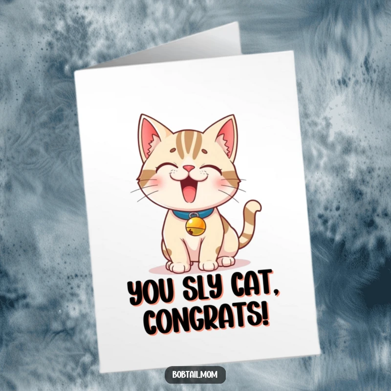 Funny Free Printable Congratulations Card: Bobtail cat in bell collar strikes a mischievous pose, celebrating success.