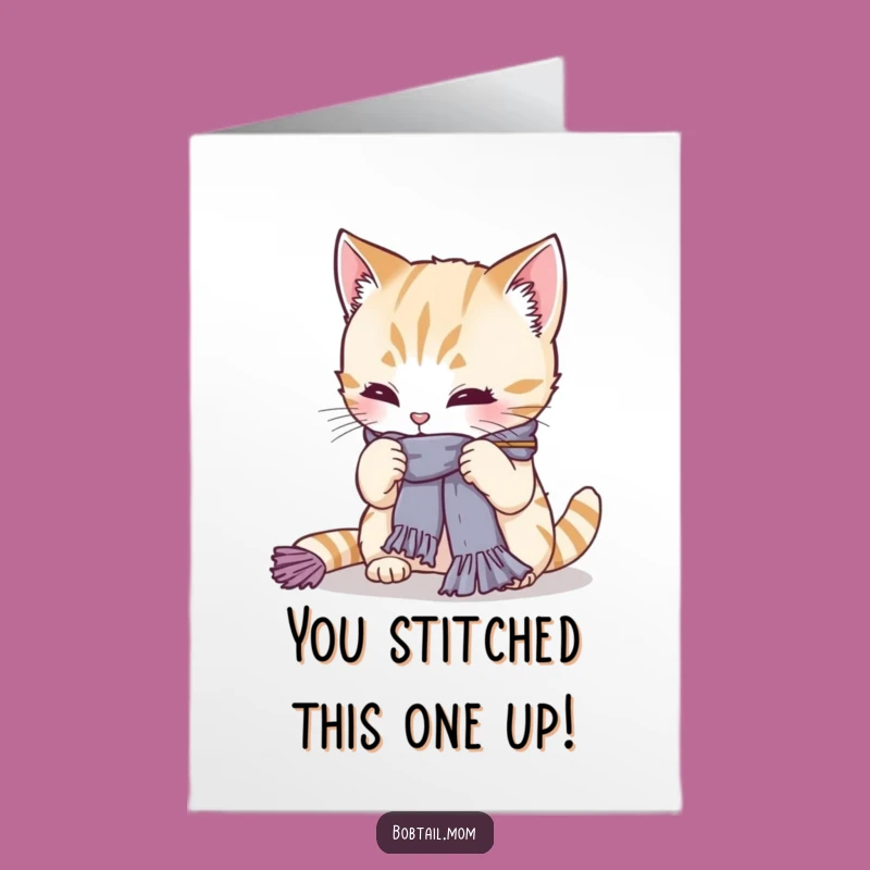 Free Printable Bobtail Cat Knitting Congrats Card: Funny DIY Downloadable Gift