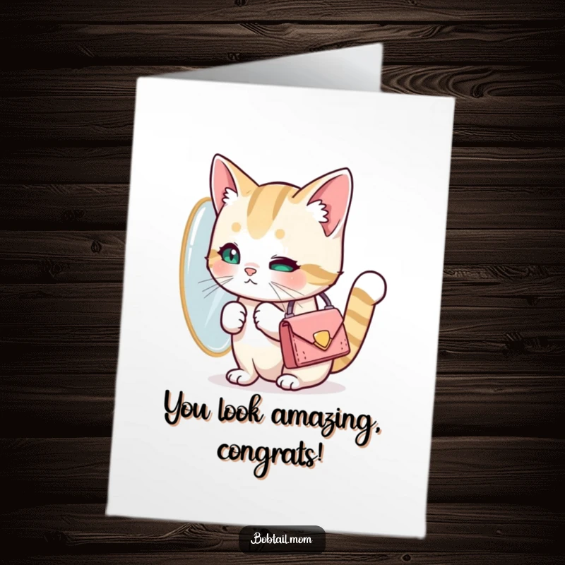 Free Printable congratulations card: A Bobtail cat holding a tiny purse, posing and looking at its reflection.