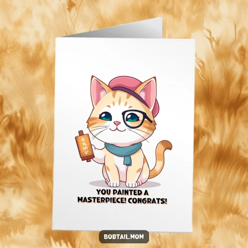 Funny Free Printable Congrats Card: A bobtail cat wearing a beret proudly paints, celebrating your outstanding achievement.