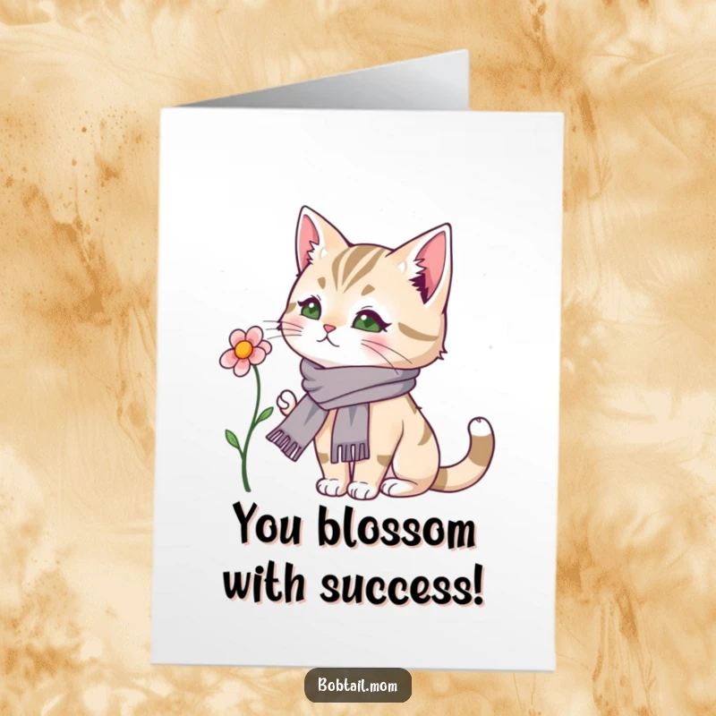 Funny free printable congratulations card: Bobtail cat with dainty scarf admiring a flower, chic and whimsical downloadable art.