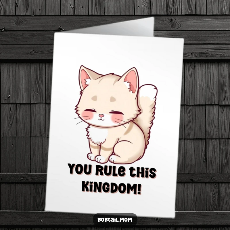Funny Free Printable Congratulations Card: Content Bobtail cat with a fluffy tail, looking relaxed and happy, celebrating achievements.