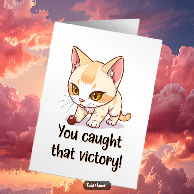 Funny Free Printable Congratulations Card: A Bobtail cat with a determined gaze, hunting down success, celebrating wins.